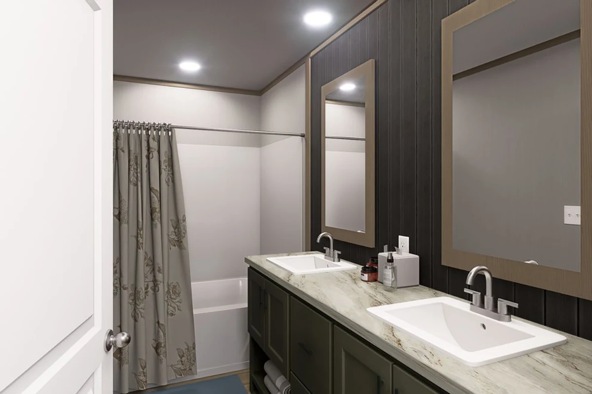 Modern bathroom with dual sinks, large mirrors, a green vanity, overhead lighting, and a bathtub with a floral shower curtain.