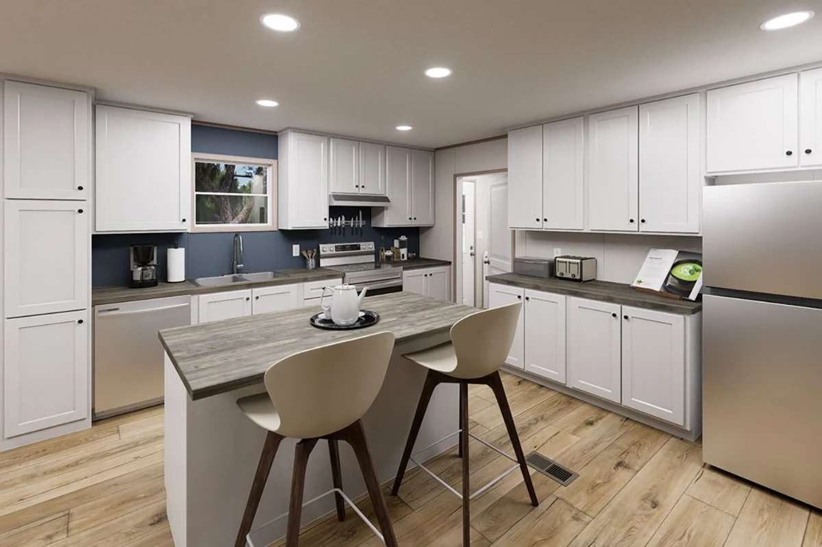 cb3c9928-3593-4432-988a-dffbc7842a60 Modern kitchen with white cabinets, stainless steel appliances, a wood island with two beige chairs, wood flooring, and recessed lighting.