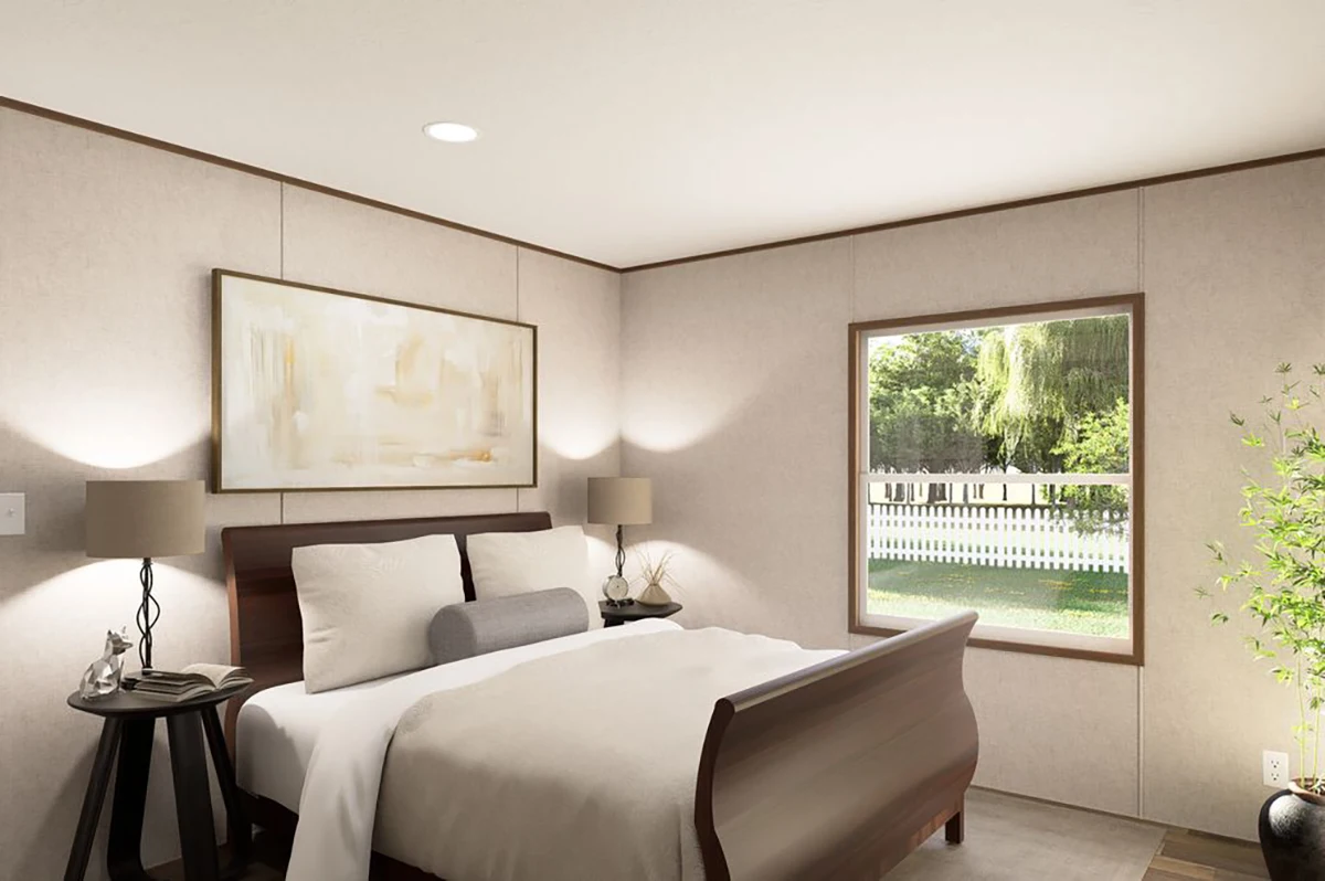 ccc18519-228e-411d-a66a-22998b223726 A neatly made bed with white bedding in a simple bedroom, featuring a large window, two bedside tables with lamps, and a painting above the headboard.