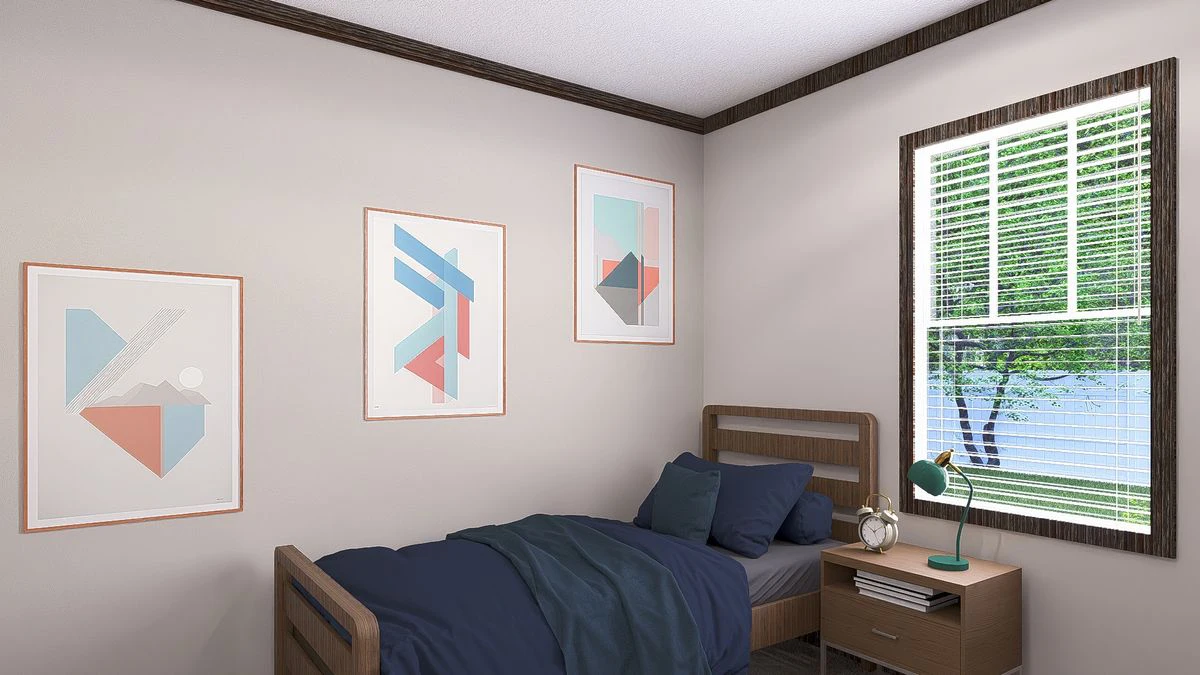 d191e01d-b391-4551-b2a2-7666475e47ed A small bedroom with a single bed, dark blue bedding, a wooden nightstand with a green lamp, three abstract art pieces on the wall, and a window with blinds letting in daylight.