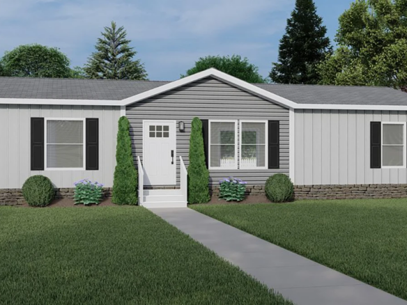A single-story manufactured home with gray siding, black shutters, a small front porch with steps, and neatly trimmed shrubs in the yard.