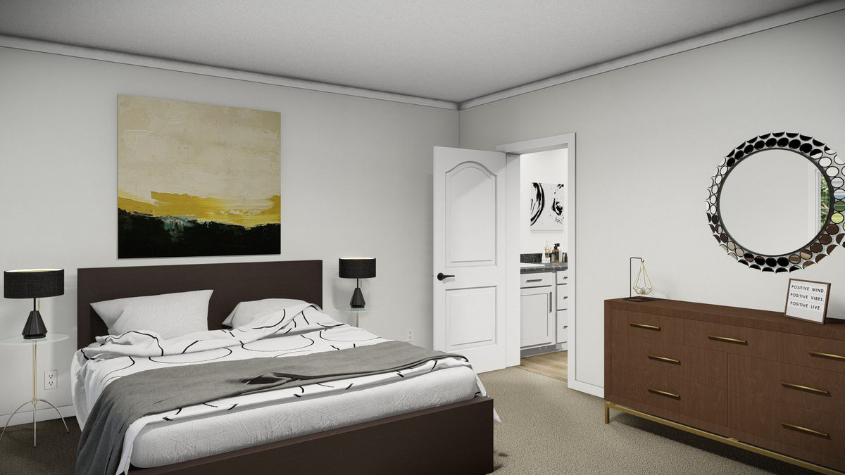 d6f3e809-24f0-497a-bb37-38740951e49f Modern bedroom with a double bed, two black lamps, a wooden dresser with a round mirror, abstract wall art, and an open door leading to a bathroom.