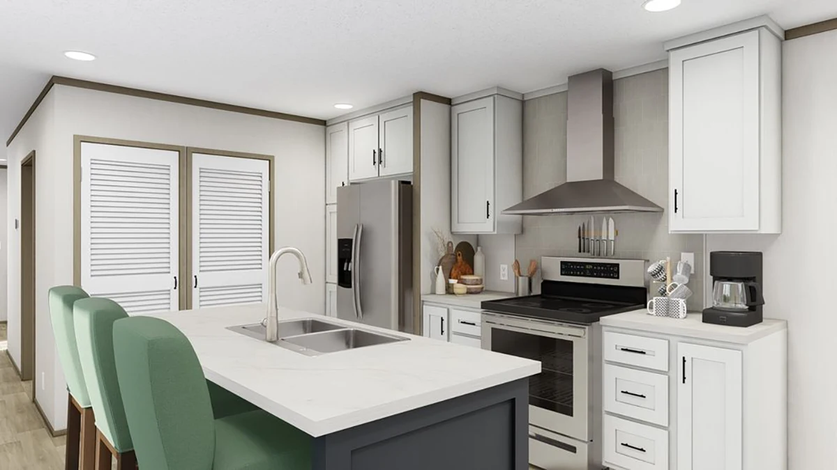d7d6277f-4bb3-44a4-8c1f-13211ae0682d Modern kitchen with white cabinets, stainless steel appliances, a center island with sink, green bar stools, and a range hood above the stove.