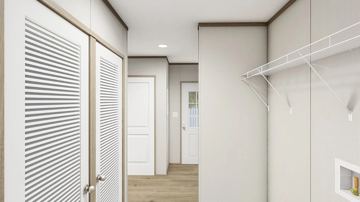d8ed098d-6f8e-4971-b389-9fe5a6f6bee4 A laundry room with white double doors, a white wire shelf on the wall, light wood flooring, and a door leading outside.