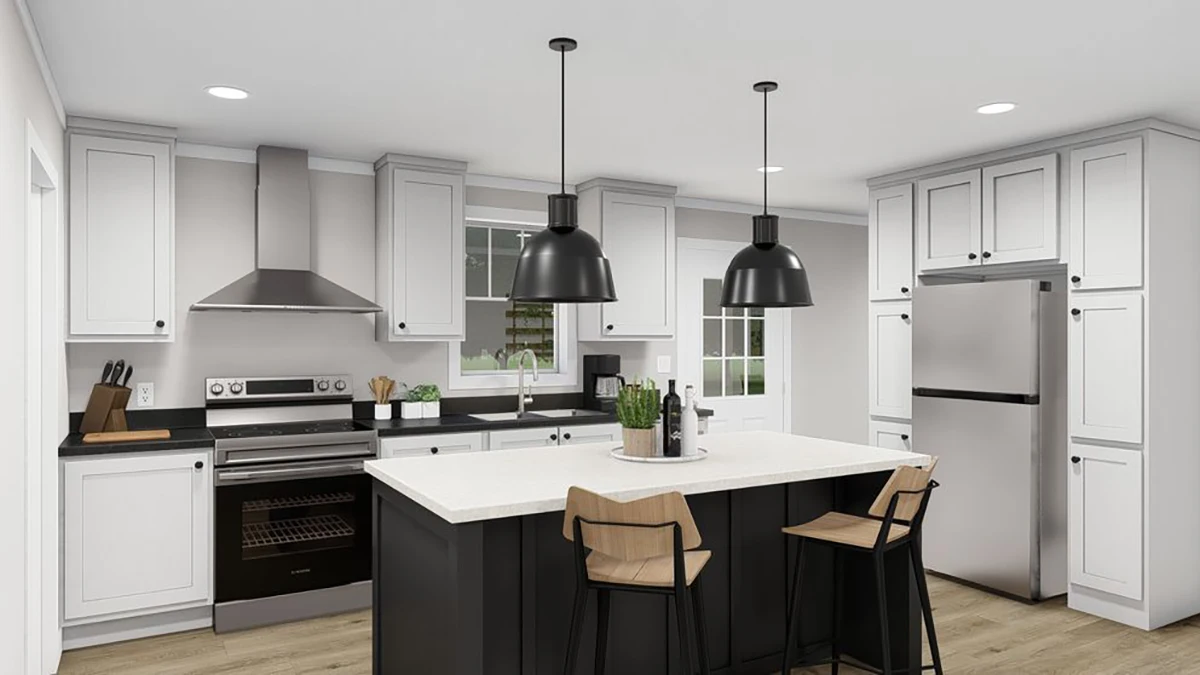 d9b235a2-9ccb-48fc-94a8-99ab368cfab9 Modern kitchen with white cabinets, black countertops, stainless steel appliances, a central island with two wooden stools, and two black pendant lights hanging above.