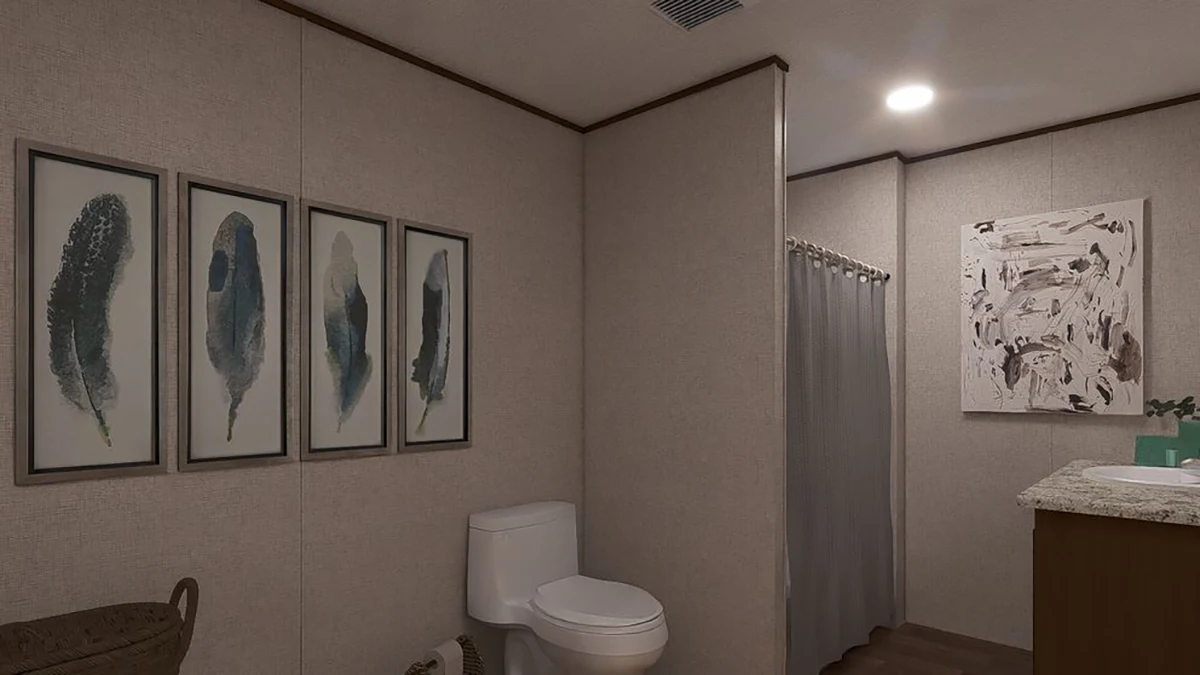 da0435b0-b310-42cc-b0a7-ffa53e4394c9 A bathroom with a toilet, a shower with a gray curtain, a countertop with a sink, and framed feather art on the wall.