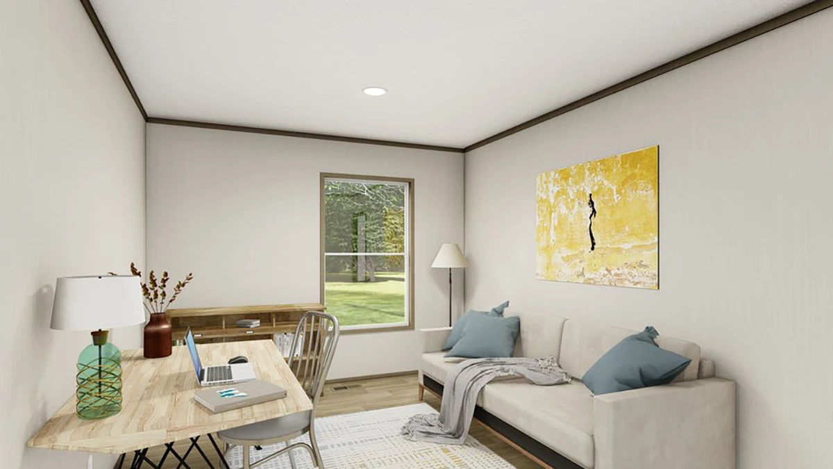 db5bacfc-2897-4a27-bcdf-e71a98f855cc A small home office with a desk, lamp, laptop, and chair next to a couch with pillows. A window and a yellow abstract painting are on the wall, letting in natural light.