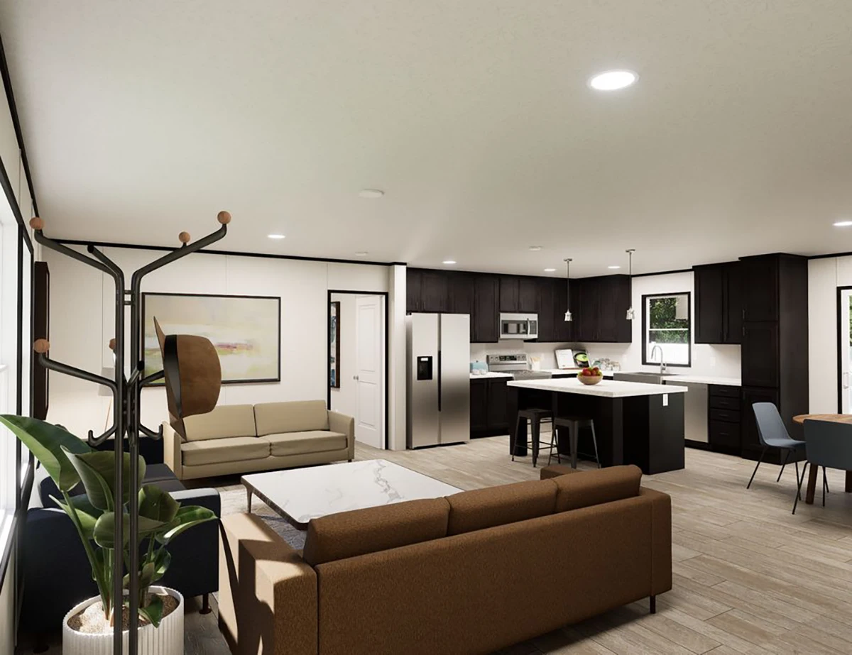 dcd47d6d-46f2-451b-ae3d-833b7dff5d8b Modern open-concept kitchen and living area with dark cabinets, stainless steel appliances, two sofas, a marble coffee table, indoor plant, and a coat rack.