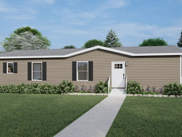 Single-story manufactured home with beige siding, black shutters, a small front porch, and a concrete walkway, set in a grassy yard with shrubs and trees.