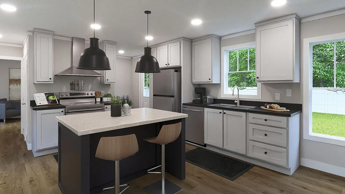 Modern kitchen with white cabinets, stainless steel appliances, a center island with two stools, pendant lights, and large windows overlooking a green backyard.