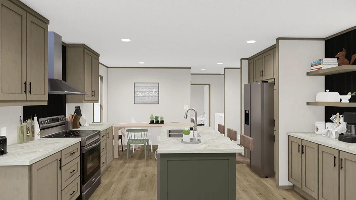 Modern kitchen with gray cabinets, marble countertops, a central island with sink, stainless steel appliances, and a dining area in the background.