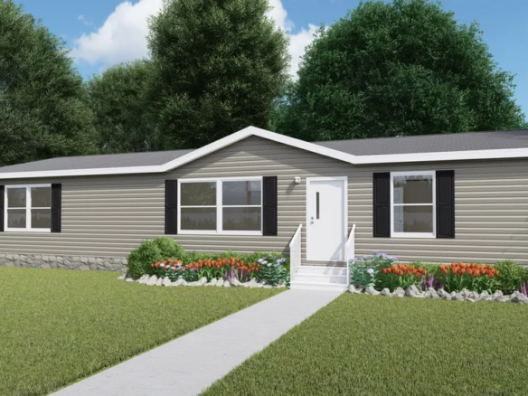 Single-story manufactured home with beige siding, black shutters, a white door, small front steps, landscaped flower bed, and green lawn, surrounded by trees.