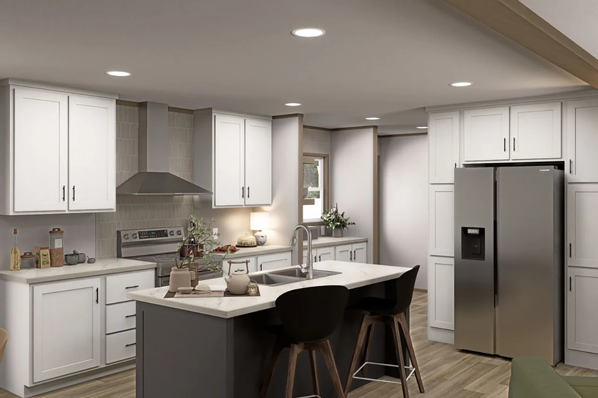 Modern kitchen with white cabinets, stainless steel appliances, center island with sink, two black bar stools, and wood-style flooring under recessed lighting.