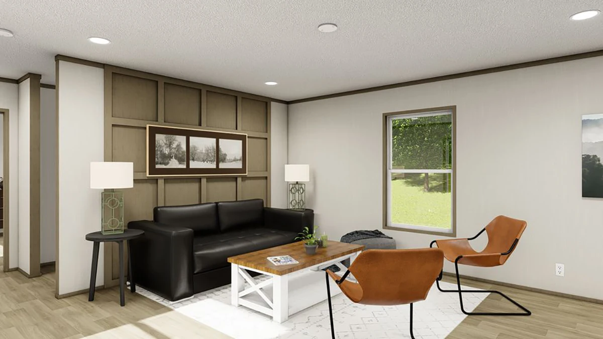 A modern living room with a black sofa, two brown chairs, a wooden coffee table, two lamps, framed art on the wall, and a window showing greenery outside.