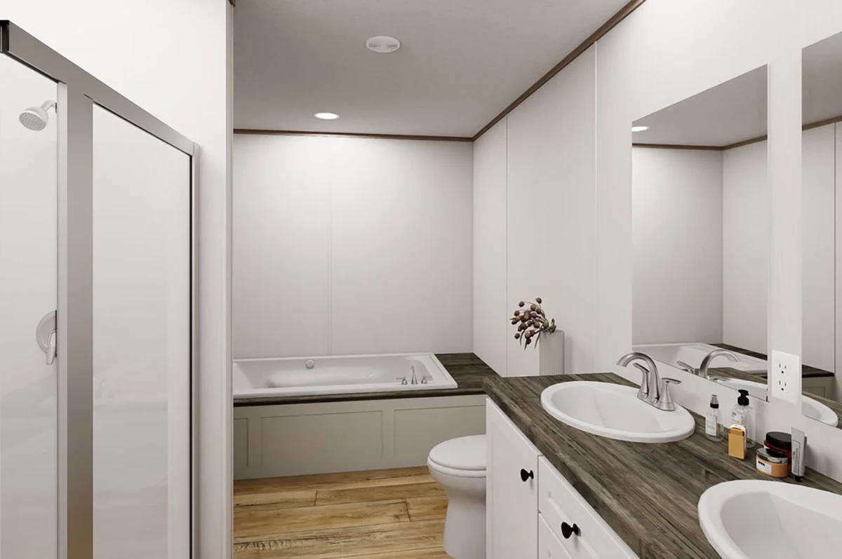 e93d524c-5859-4d59-b992-4704498dec29 Modern bathroom with double sinks, a large mirror, a toilet, a glass shower, a bathtub, and wooden flooring; toiletries and a vase are on the counter.