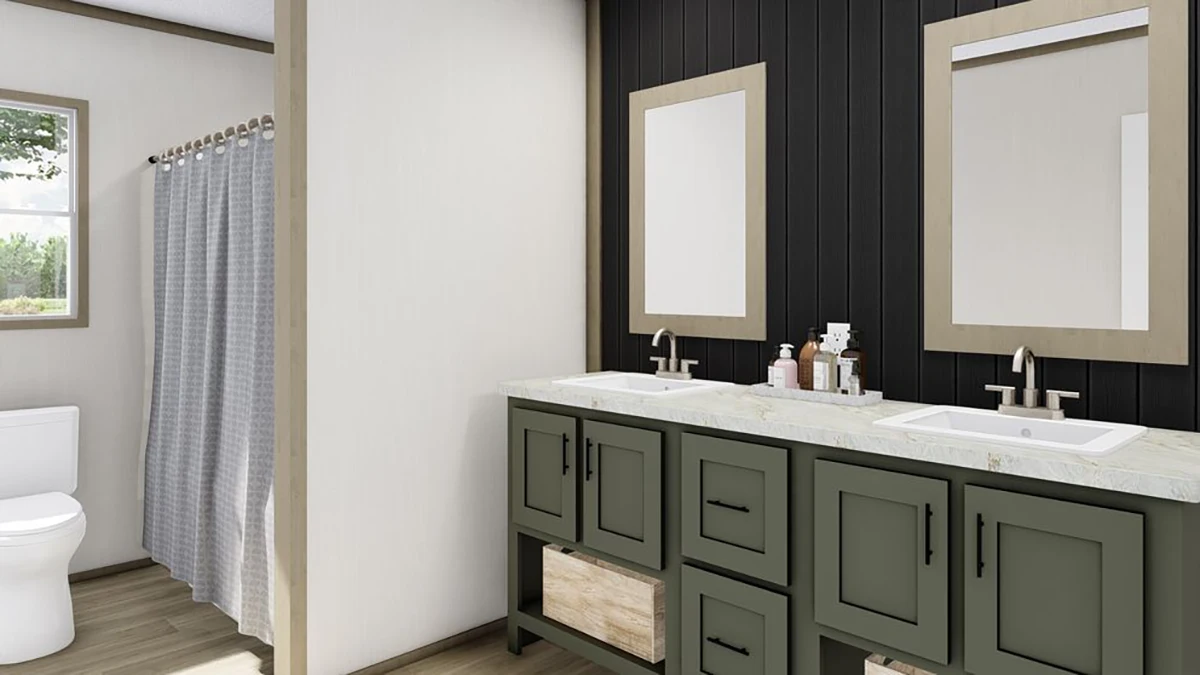 Modern bathroom with double sink vanity, two mirrors, black accent wall, grey-green cabinets, and a separate toilet area with a shower and gray curtain.