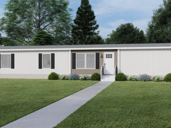 A single-story manufactured home with white siding, black shutters, a small porch, steps, and a straight concrete walkway, surrounded by grass and trees.