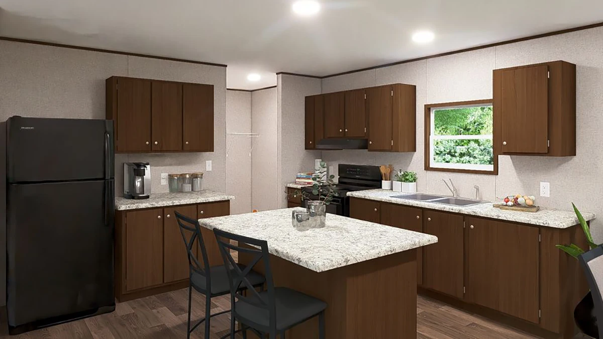 A modern kitchen with brown cabinets, black appliances, a central island with two chairs, light countertops, and a window above the sink showing greenery outside.