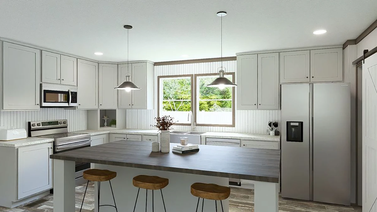 Modern kitchen with white cabinets, stainless steel appliances, a dark wood island with three stools, pendant lighting, and a large window above the sink.