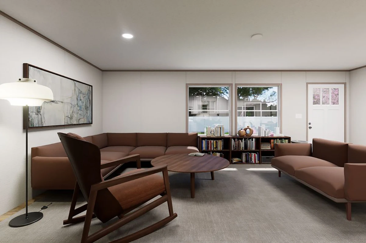ef2f5a78-5b1f-4ce0-b46d-79449de44e03 Modern living room with brown furniture, round coffee table, bookshelves under large windows, a floor lamp, and a painting on the wall.