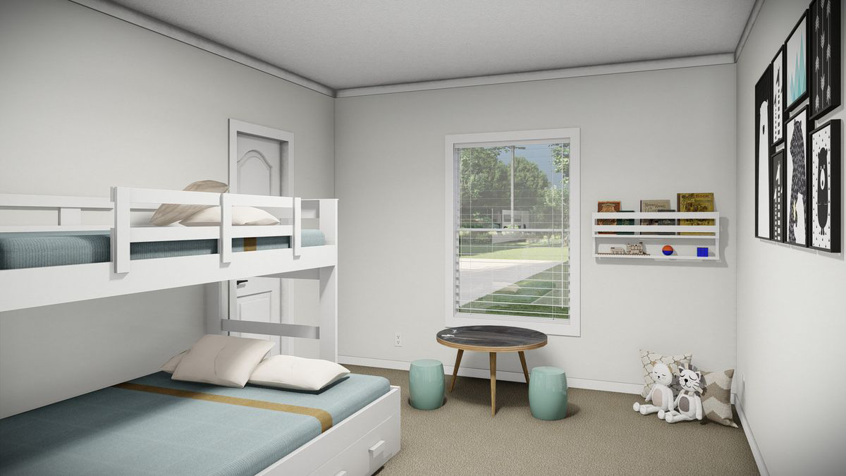 f0ec3803-bc64-4137-9d65-b53babb32957 A minimal children’s bedroom with white bunk beds, a round table, two green stools, wall shelves with books, stuffed animals, and framed pictures, with a large window letting in natural light.