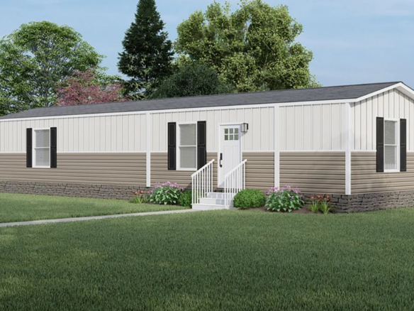 A beige and white single-wide manufactured home with black shutters, front steps, and small garden, set on a grassy lawn with trees and a white fence in the background.