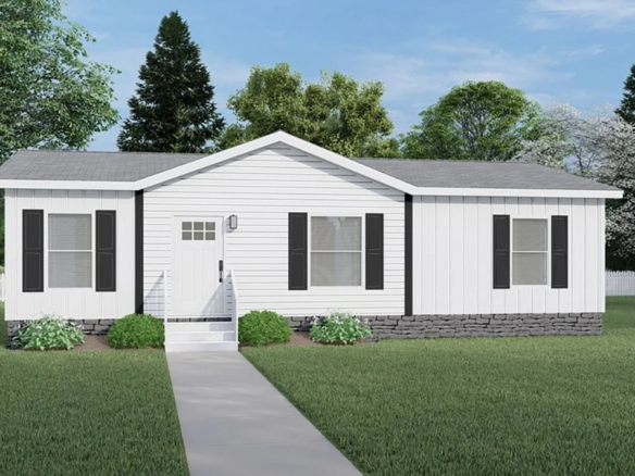 Single-story white house with black shutters, gray roof, small front steps, and a pathway leading to the door, surrounded by grass and trees.