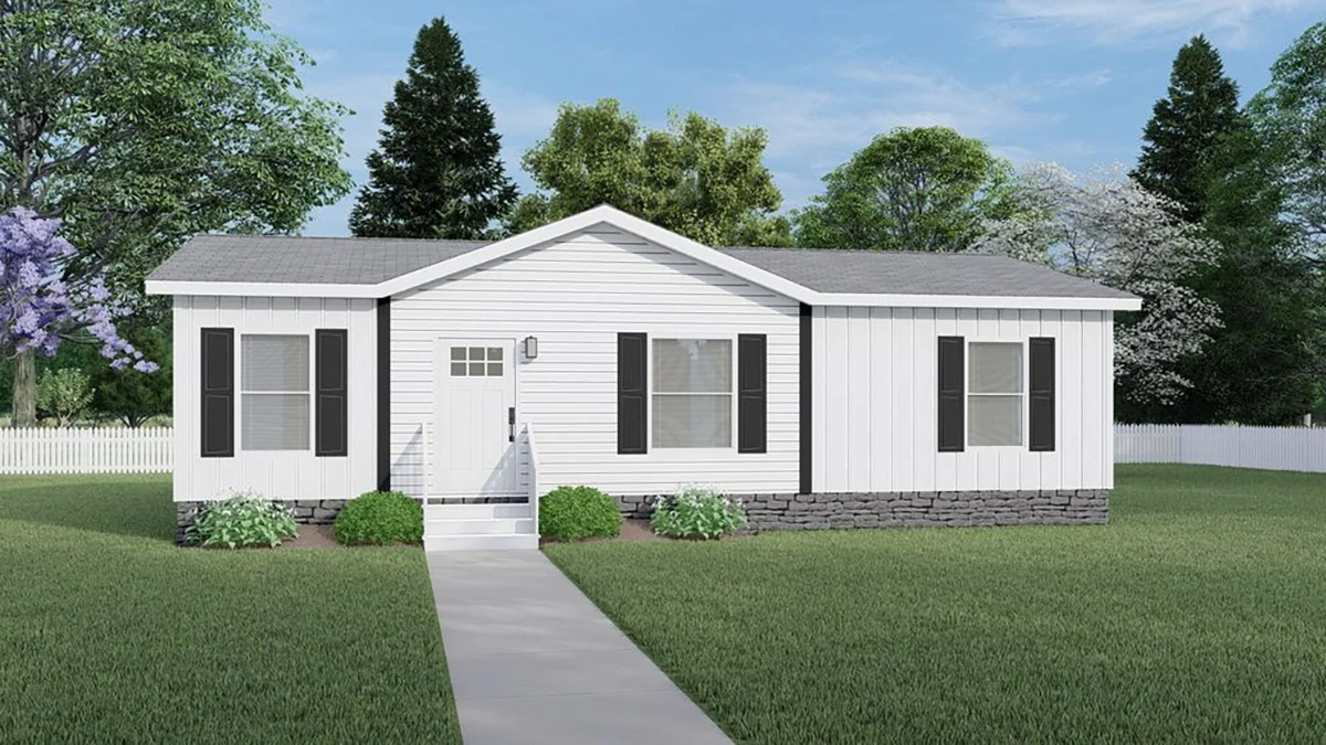 Single-story white house with black shutters, gray roof, small front steps, and a pathway leading to the door, surrounded by grass and trees.