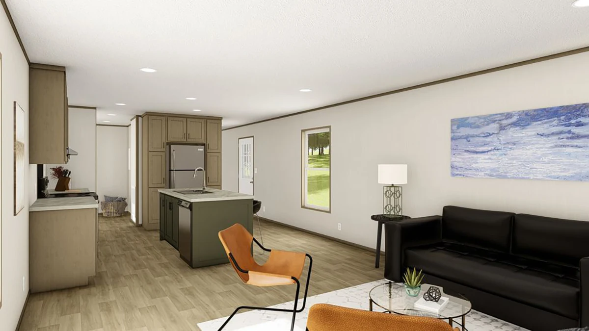 Modern open-concept living room and kitchen with light wood floors, neutral walls, black sofa, orange chair, central island, and large windows letting in natural light.