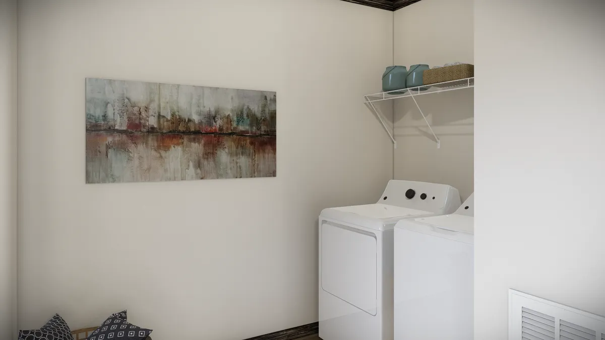 f5079be9-f151-4ab0-b2a7-136039637599 A laundry room with a washer and dryer, wall-mounted shelf holding baskets and jars, and an abstract painting on the wall.
