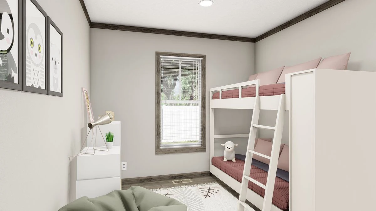 A small, modern bedroom with a window, bunk bed, framed animal art, a bean bag chair, and a small white desk with a lamp and plant.