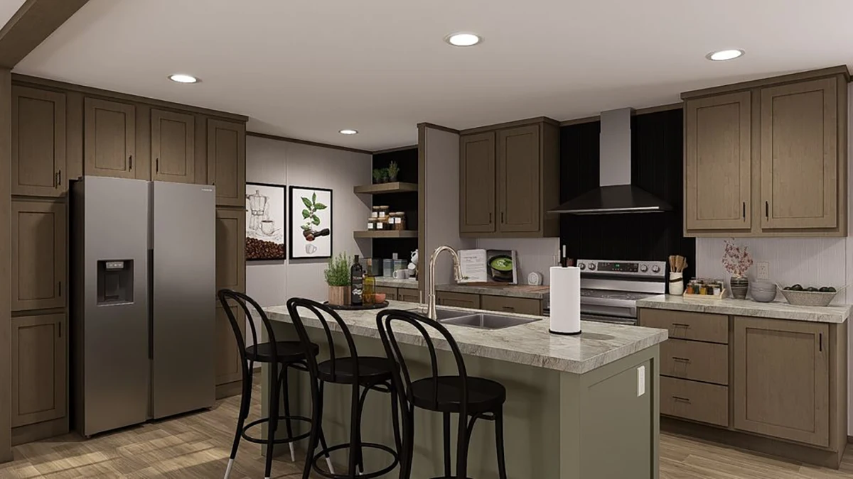 Modern kitchen with brown cabinets, stainless steel appliances, an island with three black chairs, and wall art featuring plant illustrations.