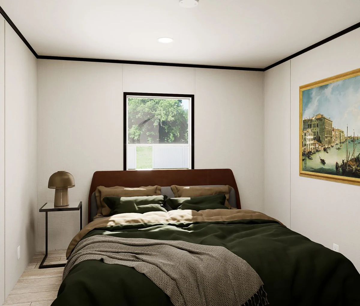 fa011136-abd2-4f33-8aa4-80ab0b9f58ff A small bedroom with a double bed, green bedding, a side table with a lamp, a window, and a framed painting on the wall.