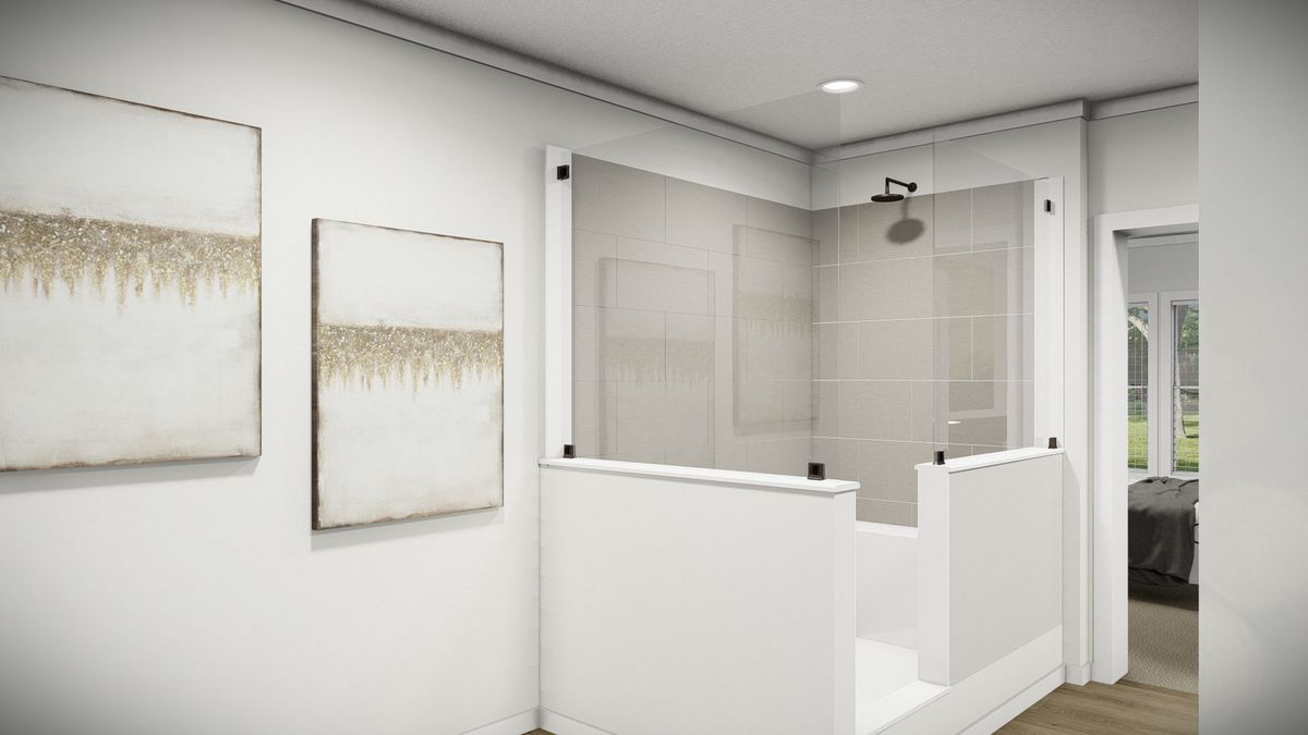 ff99098e-d44a-4fe9-8596-739bca56df3a Modern bathroom with a glass-enclosed shower, two abstract wall paintings, white walls, and a view into a bedroom through an open doorway.