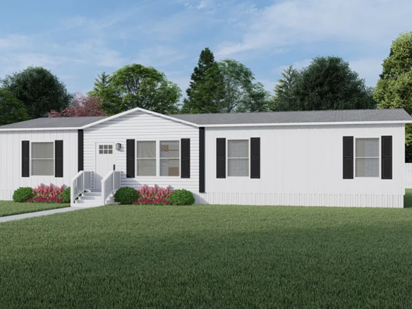 A white single-story manufactured home with black shutters, a small porch, and steps, surrounded by a green lawn and landscaped bushes.
