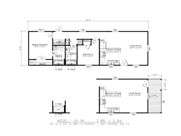 Black and white floor plan of a two-bedroom, two-bathroom home with kitchen, dining, living room, porch, and labeled dimensions totaling 837 square feet.