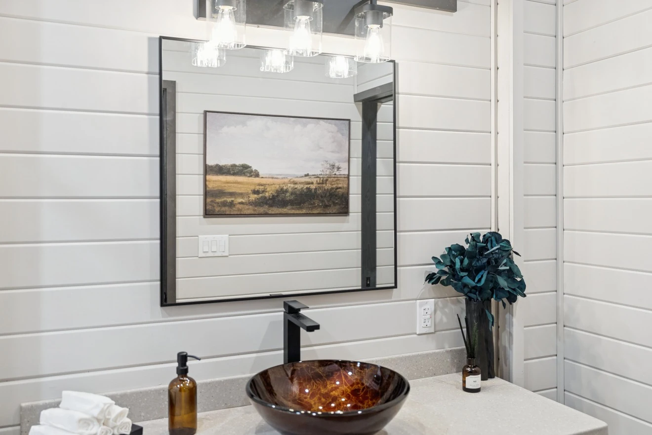 Modern bathroom with a vessel sink, faucet, soap dispenser, rolled towels, decorative plant, and wall mirror reflecting a landscape painting.