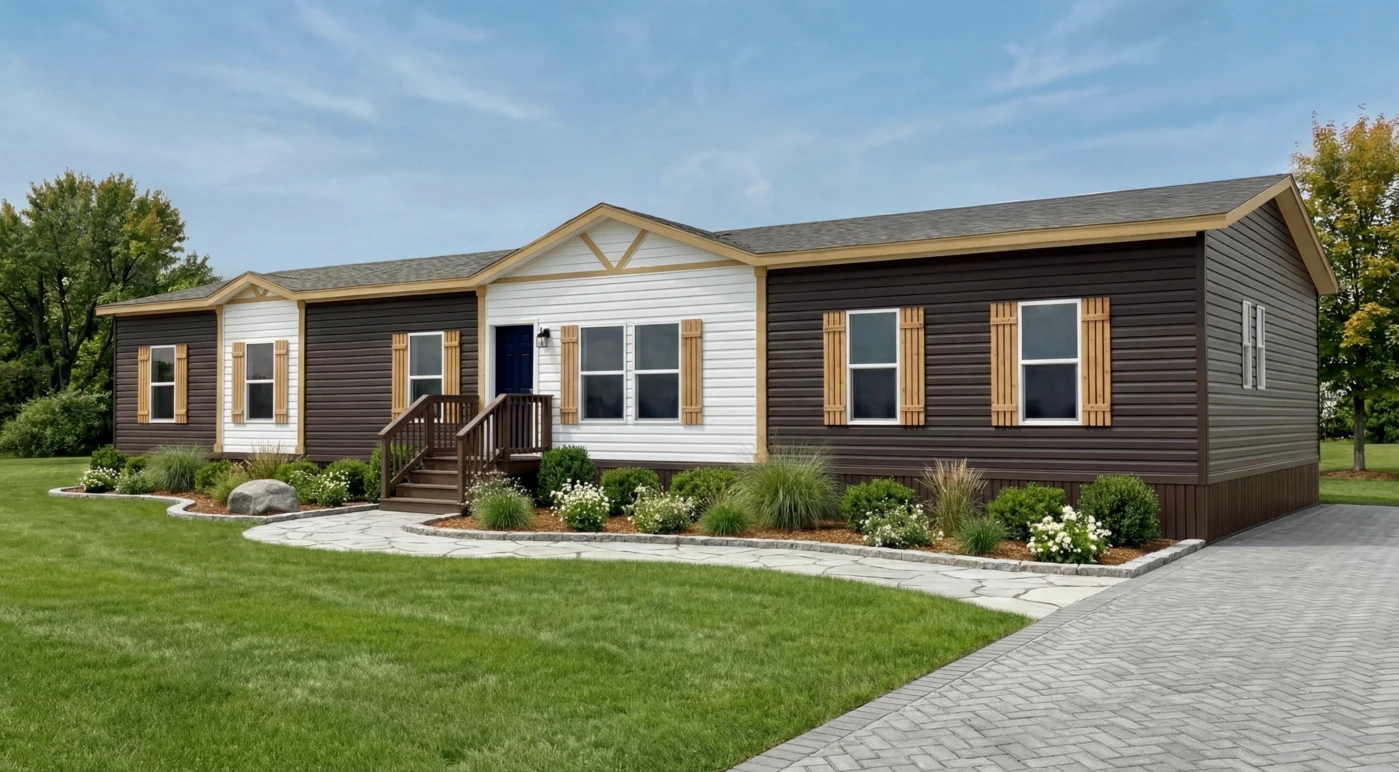 290_moultrie_ovation_lifestyle_290ly32764d_02_1773339253493_1400_12 A single-story manufactured home with brown and white siding, shuttered windows, a small front porch, landscaped yard, and a paved walkway on a sunny day.