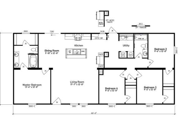 Black and white floor plan showing a five-bedroom, two-bathroom house with kitchen, dining room, living room, and utility room; dimensions are labeled throughout.