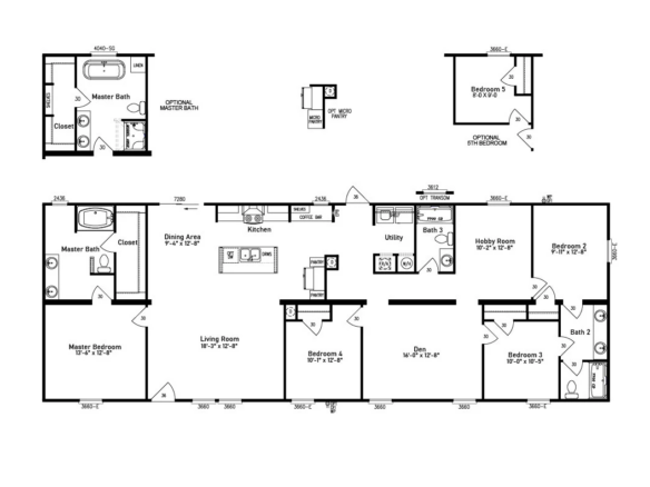Black and white floor plan of a house showing four bedrooms, three bathrooms, kitchen, dining area, living room, utility room, and den, with labeled room dimensions.