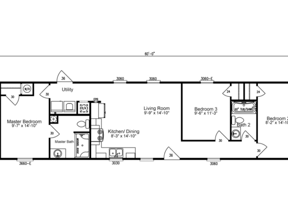 Black and white floor plan of a home showing a master bedroom with en-suite, two additional bedrooms, two bathrooms, utility room, kitchen/dining area, and living room.