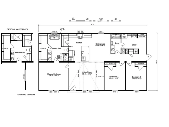 Floor plan of a single-story home featuring three bedrooms, two bathrooms, a kitchen, dining area, living room, utility room, and optional master bath and transom.
