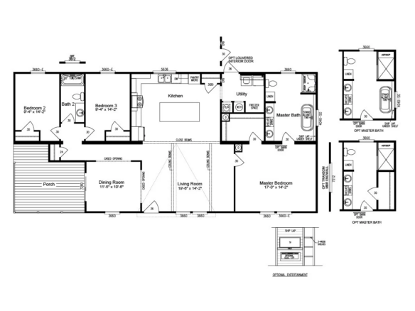 Black and white floor plan of a single-story house with three bedrooms, two bathrooms, a kitchen, living and dining rooms, a porch, and optional master bath and entertainment layouts.