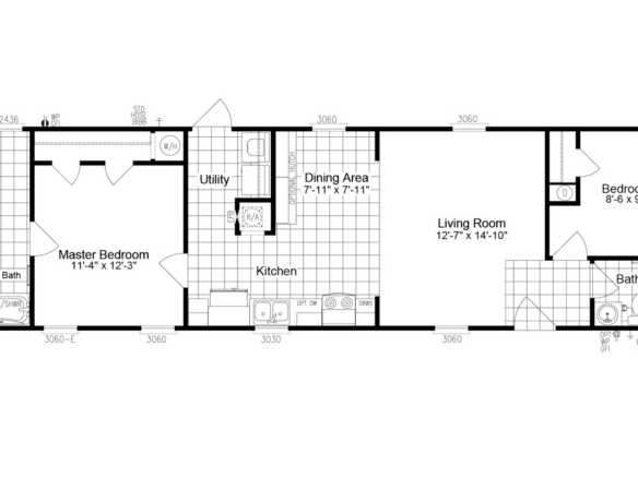 Floor plan of a two-bedroom, two-bathroom home with kitchen, dining area, living room, utility room, linen closet, and master bath. Rooms are labeled with measurements.