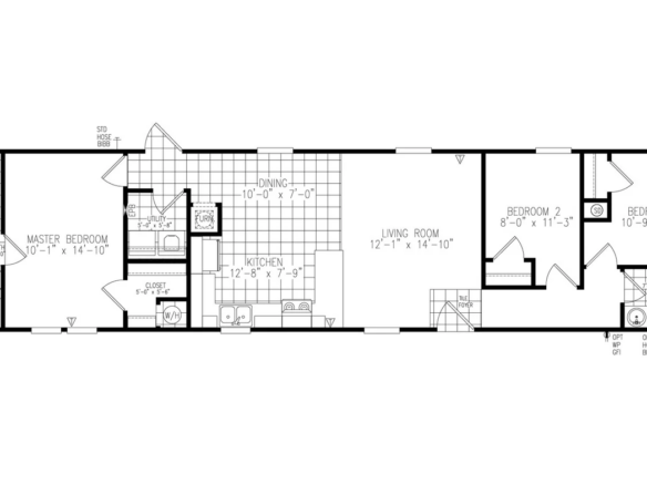 Floor plan of a single-story home featuring three bedrooms, two bathrooms, a kitchen, dining area, living room, utility room, and closet spaces.