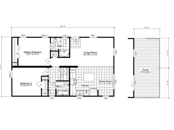 Black and white floor plan of a two-bedroom, two-bathroom house with kitchen, dining area, living room, and porch. Dimensions and room labels are included.