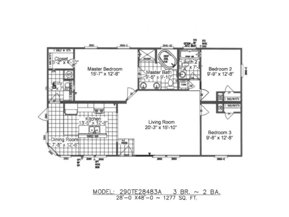 Black and white floor plan of a 3-bedroom, 2-bathroom home featuring a kitchen, dining room, living room, closets, and labeled dimensions. Total area is 1,277 sq. ft.