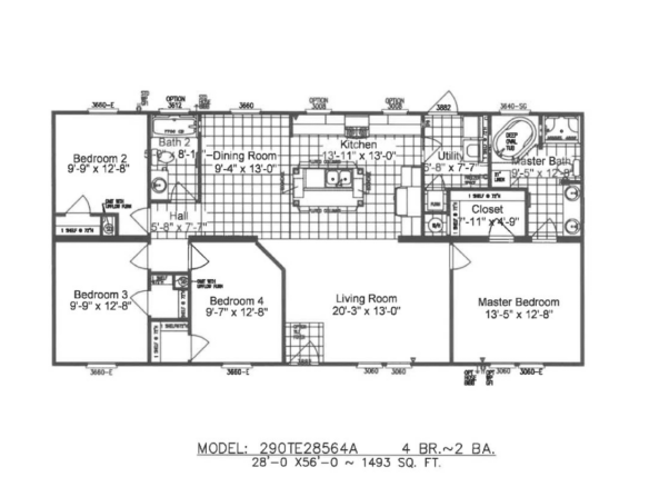 Black and white floor plan of a 4-bedroom, 2-bathroom house featuring living and dining rooms, kitchen, utility room, and closets; total area is 1,493 square feet.