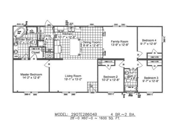 Black and white floor plan of a single-story home with four bedrooms, two bathrooms, living and family rooms, kitchen, utility room, dining room, and closets, measuring 1600 sq. ft.