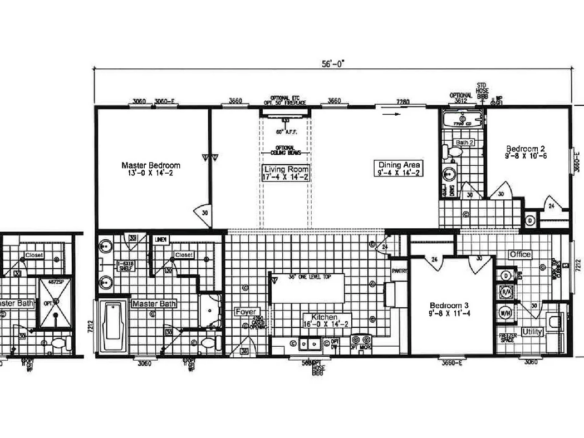 Black and white floor plan of a single-story home with three bedrooms, three bathrooms, living room, dining area, kitchen, utility room, and closets. Rooms are labeled and dimensions provided.